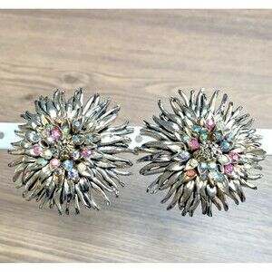 Vintage Featherweights Starburst Floral AB Rhinestone Clip On Statement Earrings
